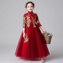 Load image into Gallery viewer, Children Girls Fashion Wine-Red Chinese Style New Year Christmas Evening Party Princess Dress Kids Teens Birthday Birthday Dress