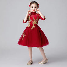 Load image into Gallery viewer, Children Girls Fashion Wine-Red Chinese Style New Year Christmas Evening Party Princess Dress Kids Teens Birthday Birthday Dress