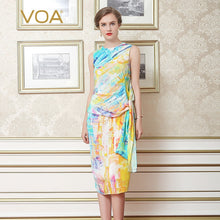 Load image into Gallery viewer, VOA Christmas Dress Summer Sleeveless Silk Lace-up Women Office Printed Dresses Slim Sexy Beach vestidos sukienki jurken A6822