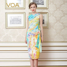 Load image into Gallery viewer, VOA Christmas Dress Summer Sleeveless Silk Lace-up Women Office Printed Dresses Slim Sexy Beach vestidos sukienki jurken A6822