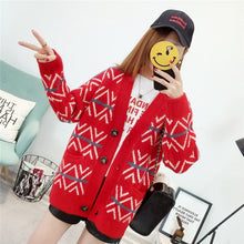 Load image into Gallery viewer, 2019 Christmas Sweater Women Autumn And Winter New Loose Korean Students Retro V-neck Knit Jacket Wild Harajuku Style Coat SY087
