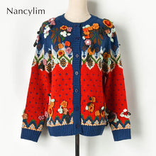 Load image into Gallery viewer, New Dimensional Hand Hook Flower Cardiagn Christmas Cardiagn Sweater Round Collar Women's Loose Coat Girls Lady Sweaters Femme