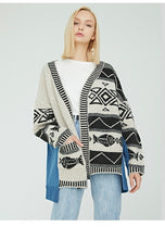 Load image into Gallery viewer, Christmas Print Long Cardigan Sweater Women Tops Sweaters Korean Irregular Jeans Patchwork Autumn Winter Cute Sweater YY019