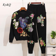 Load image into Gallery viewer, Brand Designer 2019 Women Floral Beading Butterfly Sweet Long Sleeve Knit Sweater Pullover 2 Pieces Winter Christmas Fashion