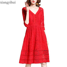 Load image into Gallery viewer, Sexy Lace Hollow Out Party Dress Women Ladies V Neck 3/4 Sleeves Red Elegant Dress Chinese Style Christmas Dresses Womens Clothing
