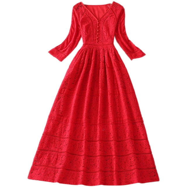 Sexy Lace Hollow Out Party Dress Women Ladies V Neck 3/4 Sleeves Red Elegant Dress Chinese Style Christmas Dresses Womens Clothing