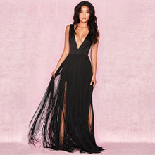 Load image into Gallery viewer, Winter clothes for women sexy strap deep v neck stretchy bodycon bandage club black floor length christmas dress dropship UP135