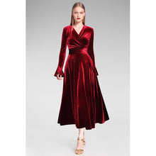 Load image into Gallery viewer, vintage christmas dress women high fashion clothing velvet party women dress wrap v neck long sleeve a line wine red dresses