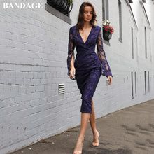 Load image into Gallery viewer, BANDAGE Autumn Long Flare Sleeve Bandage Dress Wine Red Navy Blue Bodycon Sequin Dress Women Sexy V Neck Christmas Party Dress