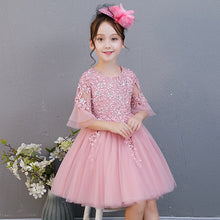 Load image into Gallery viewer, Girls Sweet Pink Lace Princess Half Sleeves Dress Kids Clothes Christmas Birthday Wedding Dress Tutu Dresses For Girls Costume