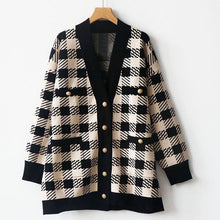 Load image into Gallery viewer, High End Luxury Designer Women Cardigans Plaid Knitted Buttons Pockets V-neck Sweaters Winter Outerwear Christmas Jumpers Coats