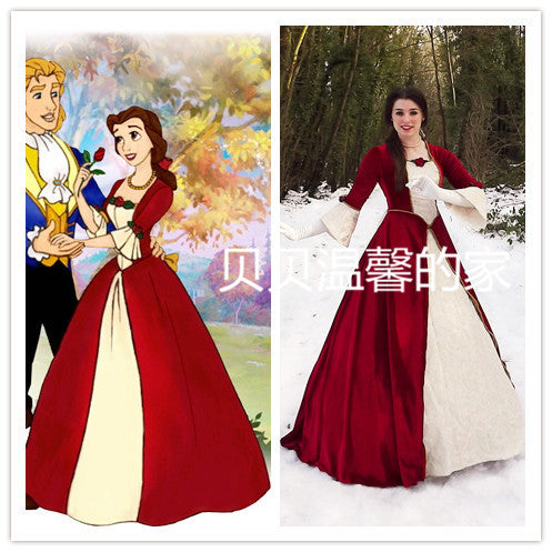 Hot sale Beauty and the Beast 2 The Enchanted Christmas dress Belle cosplay princess red dress gift gloves