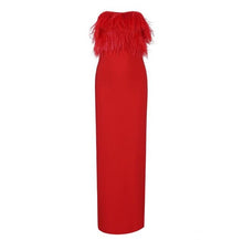 Load image into Gallery viewer, New Fashion Sexy Strapless Christmas Dress Women Elegant Feathers Red Black Bandage Dress Long Celebrity Party Dress Vestidos