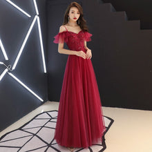 Load image into Gallery viewer, Elegant Straps Off the Shoulder Burgundy Long Tulle Party Dress Lace Appliques Beaded Women Christmas Prom Dresses