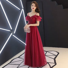 Load image into Gallery viewer, Elegant Straps Off the Shoulder Burgundy Long Tulle Party Dress Lace Appliques Beaded Women Christmas Prom Dresses