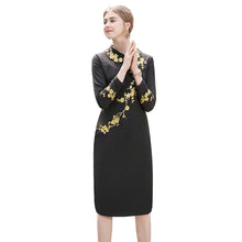 Load image into Gallery viewer, golden plum blossom embroidered turndown collar long sleeve knee length black pencil dress fashion woman Christmas clothes dress