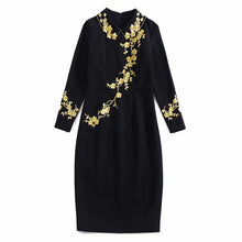 Load image into Gallery viewer, golden plum blossom embroidered turndown collar long sleeve knee length black pencil dress fashion woman Christmas clothes dress