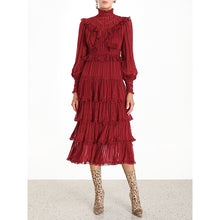 Load image into Gallery viewer, Christmas outfit women dinner dresses designer clothes women luxury stripes lace ruffles long sleeve layered empire cut dress