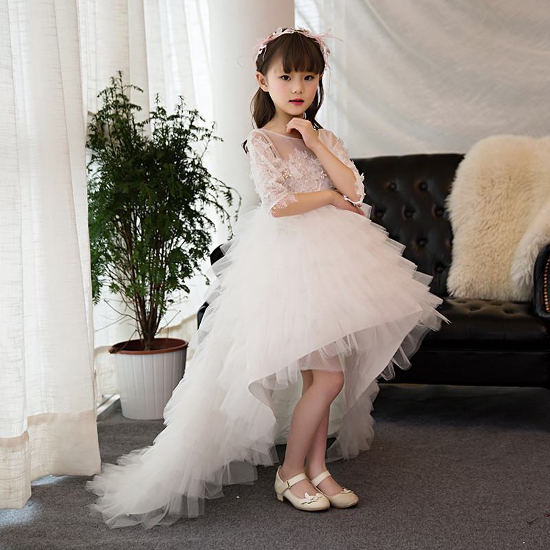 open lace back dress Kids Girls Pearl Embroidery Flower Wedding Dress Children Lace Christm –  Gyrem K Store