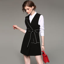 Load image into Gallery viewer, Europe New 2017 Spring Autumn Women's Fashion Slim Sash Stripe Turn Down Collar Black Dress Ladies Christmas Mini Dresses Brand