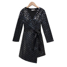 Load image into Gallery viewer, SONDR 2019Elegant Women Sequin Dress Female Sexy V neck Asymmetrical Paillette Short Wrap Dress For Party Luxury Christmas Dress