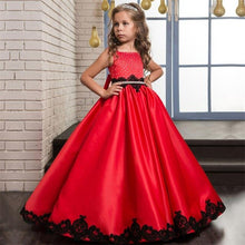 Load image into Gallery viewer, Christmas Fancy Flower Girl Dress Floor Length Button Draped Red sleeveless Satin cloth Ball Gowns for Kids Glitz 0-14Y