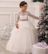 Load image into Gallery viewer, Glitz Floor-length Crystal Open Back Long Sleeves Bow Ruffles Princess Christmas Girl Wedding Dresses Kids Communion  Ball Gown