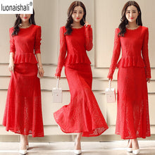Load image into Gallery viewer, High Quality Elegant hollow out ruffles lace dress Women vintage long sleeve slim long dress Sexy christmas party dress vestidos