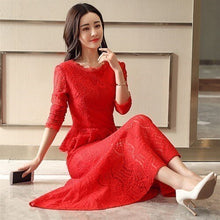 Load image into Gallery viewer, High Quality Elegant hollow out ruffles lace dress Women vintage long sleeve slim long dress Sexy christmas party dress vestidos