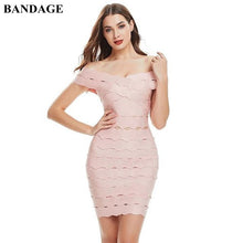 Load image into Gallery viewer, BANDAGE Pink Off Shoulder Women Bandage Dresses Hollow Out Bodycon Vestidos Celebrity Christmas Party Dress