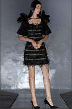 Load image into Gallery viewer, See Orange Black Elf Organza Bow Knot Christmas Dress Pearls Sexy Club Square Collar Striped Winter Dress Women Mini Dress Party