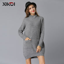 Load image into Gallery viewer, Christmas Knitted Sweaters Women Solid Pullovers With Pockets Casual Half-Turtleneck Pull Femme Jumper Feminino Knitting Sweater
