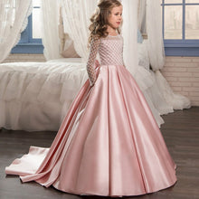 Load image into Gallery viewer, Christmas Fancy Flower Girl Dress Floor Length Button Draped Pink Long Sleeves Tulle Ball Gowns for Kids Glitz 0-12 Old 2018 New