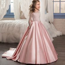 Load image into Gallery viewer, Christmas Fancy Flower Girl Dress Floor Length Button Draped Pink Long Sleeves Tulle Ball Gowns for Kids Glitz 0-12 Old 2018 New
