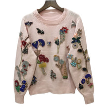 Load image into Gallery viewer, Winter Luxury Pink Knited Sweater Pullovers Women Runway Designer Floral Embroidery Ladies Christmas sweater Jumper Clothing